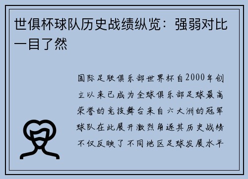 世俱杯球队历史战绩纵览：强弱对比一目了然