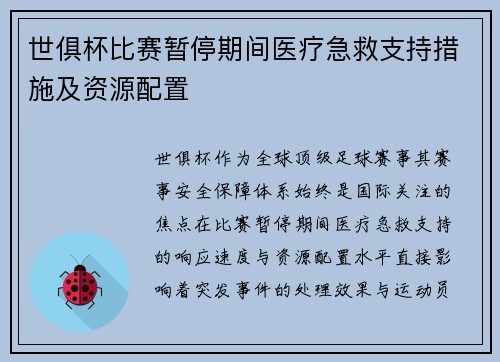 世俱杯比赛暂停期间医疗急救支持措施及资源配置