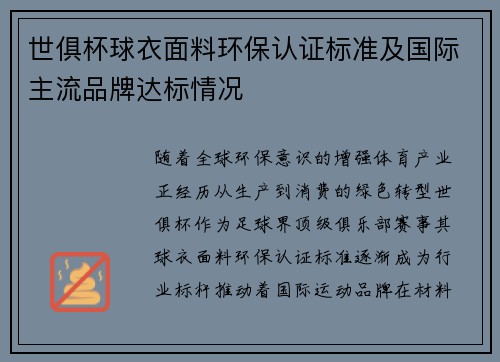 世俱杯球衣面料环保认证标准及国际主流品牌达标情况